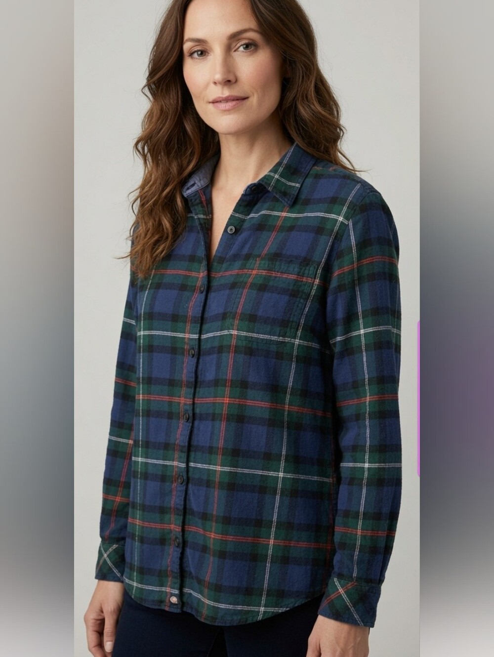 Dickies Blue & Green Plaid Button-Down Shirt with Red Accents